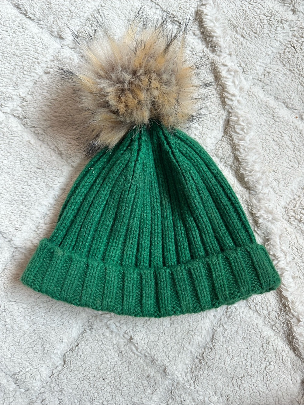 J.Crew | Green Ribbed Beanie Hat with Faux Fur Pom Pom | One Size - Picture 2 of 5